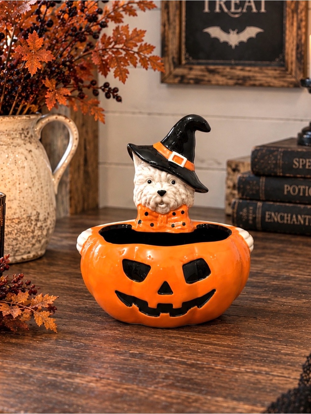 HALLOWEEN WESTIE CERAMIC CANDY BOWL BOWTIE WITCH HAT SPOOKY JACK O LANTERN 2026